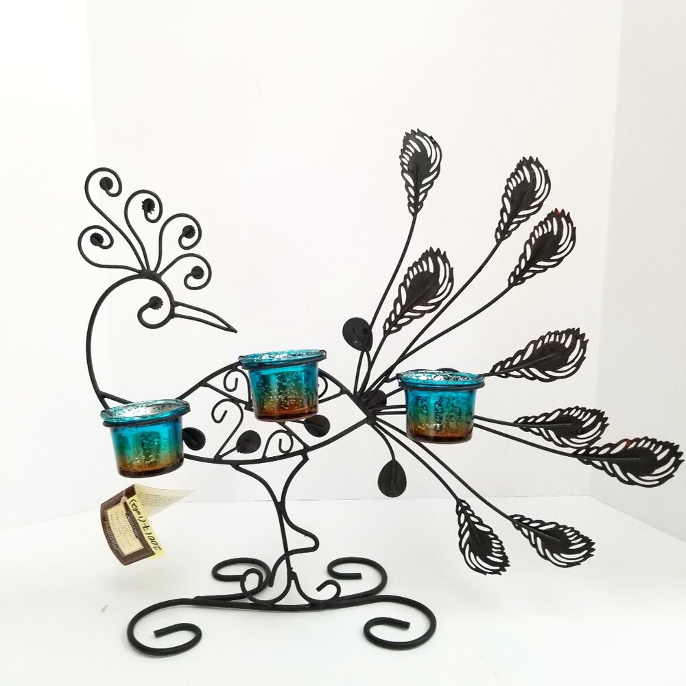 Ashland Splendor Peacock 3 Votives Candleholder: Metal & Glass Faux Green Jewels